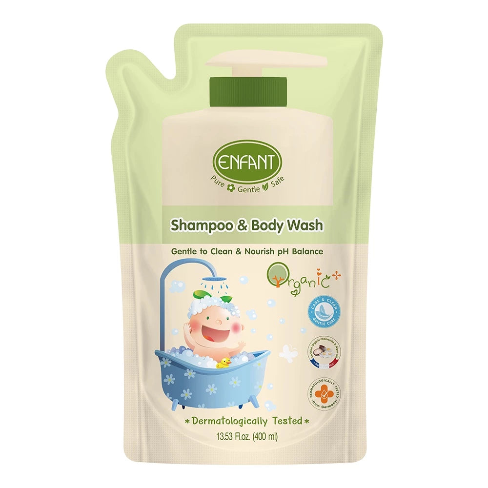 Enfant (อองฟองต์) – Prisvärt set med schampo och duschkräm ORGANIC SHAMPOO & BODYWASH (flaska) + refillpåse Kan användas från nyfödd.
